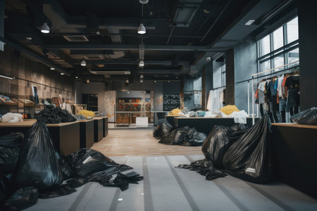 fast-fashion store, with clothes on display and trash bags in the background, created with generative aiの素材