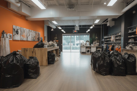 fast-fashion store, with clothes on display and trash bags in the background, created with generative aiの素材