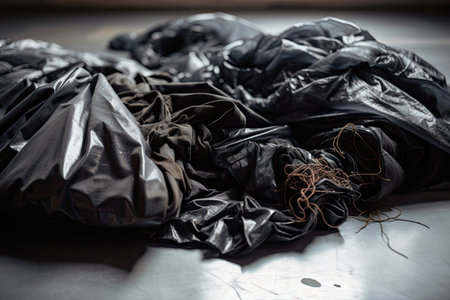 garbage bag full of discarded fast-fashion clothing with ripped and torn seams, created with generative aiの素材