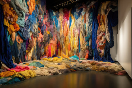 fast-fashion textile waste installation, with upcycled and repurposed fabrics creating a mesmerizing abstract display, created with generative aiの素材