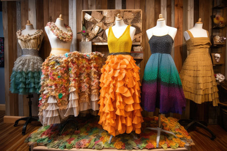 recycled clothing boutique, showcasing unique and colorful fashions made from recycled materials, created with generative aiの素材