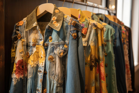 recycled clothing boutique, showcasing unique and colorful fashions made from recycled materials, created with generative aiの素材
