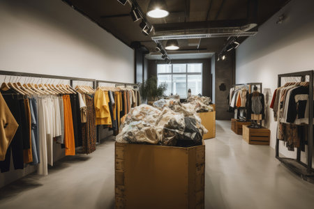 clothing store, showcasing its latest collection of fast fashion pieces, with waste and recycling bins visible in the background, created with generative aiの素材