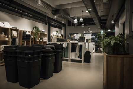 clothing store, showcasing its latest collection of fast fashion pieces, with waste and recycling bins visible in the background, created with generative aiの素材