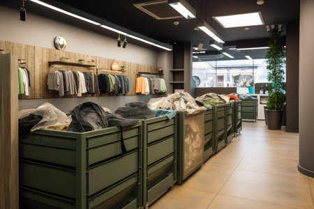 clothing store, showcasing its latest collection of fast fashion pieces, with waste and recycling bins visible in the background, created with generative aiの素材