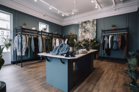 clothing store, showcasing its latest collection of fast fashion pieces, with waste and recycling bins visible in the background, created with generative aiの素材