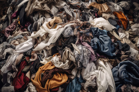 a pile of discarded fast-fashion garments, with a mix of fabrics and styles, created with generative aiの素材