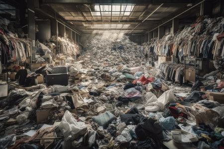 fast-fashion store, filled with discarded clothing and other textiles in chaotic pile, created with generative aiの素材