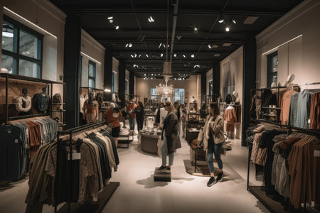 fast-fashion store, with customers grabbing clothing off racks and walking out the door, created with generative aiの素材