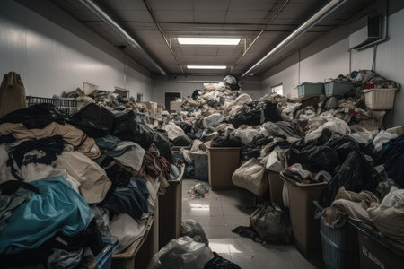 fast-fashion clothing store, with overflowing bins of unwanted garments, created with generative aiの素材