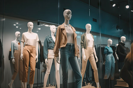 fast-fashion store, showcasing the latest trends and styles, with mannequins in unique poses, created with generative aiの素材