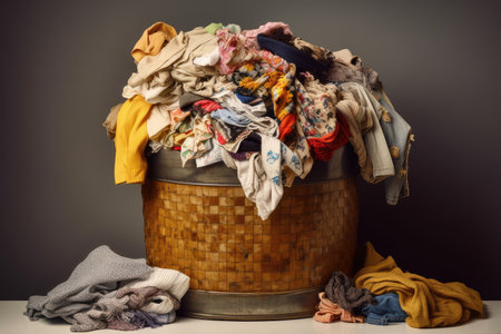textile waste bin overflowing with fast fashion items, created with generative aiの素材