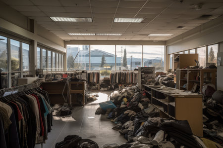 fast fashion store, with racks of new clothing and mountains of discarded items in the background, created with generative aiの素材