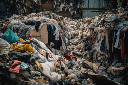 fast-fashion garment in landfill, surrounded by discarded packaging and other waste, created with generative aiの素材