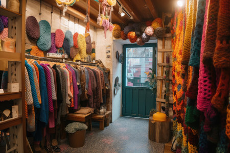 fast fashion shop, with hand-knit sweaters and scarves for sale, made from recycled plastic bottles, created with generative aiの素材