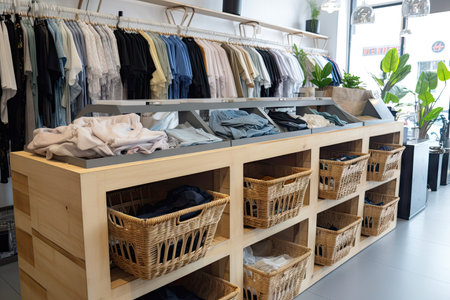 fast fashion store, with bins and baskets for customers to donate unwanted clothing, created with generative aiの素材