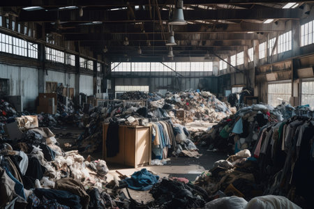 fast-fashion clothing store, with view of landfill and piles of discarded garments, created with generative aiの素材