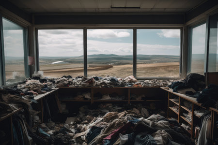 fast-fashion clothing store, with view of landfill and piles of discarded garments, created with generative aiの素材