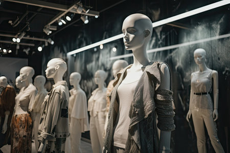 fast fashion store, with mannequins wearing latest trends and recycled materials in the background, created with generative aiの素材