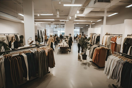 fast fashion store, with limited-time clothing stock on display and customers picking out their new outfits, created with generative aiの素材