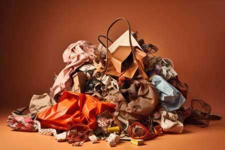 fast-fashion shopping bag, overflowing with discarded clothing and accessories, created with generative aiの素材
