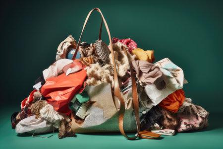 fast-fashion shopping bag, overflowing with discarded clothing and accessories, created with generative aiの素材