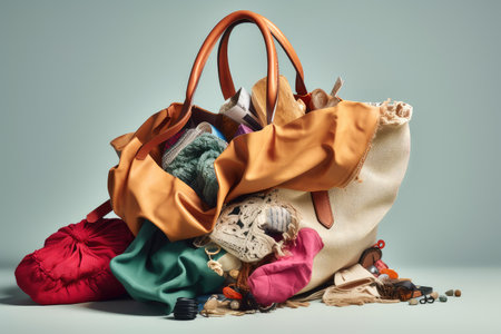 fast-fashion shopping bag, overflowing with discarded clothing and accessories, created with generative aiの素材