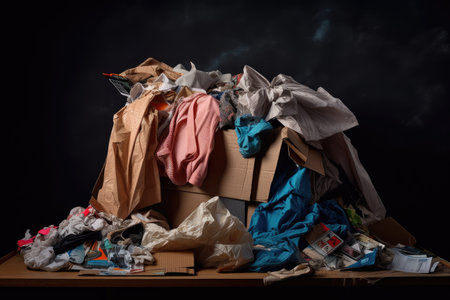 fast-fashion garment on hanger surrounded by plastic, paper, and cardboard waste, created with generative aiの素材