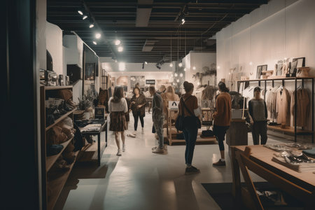 fast-fashion store, with customers trying on and buying the latest trends, created with generative aiの素材