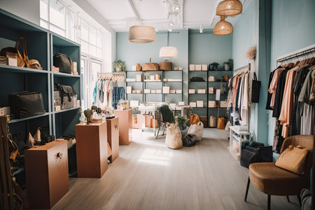 fast-fashion boutique, with racks of clothing and accessories for customers to choose from, created with generative aiの素材