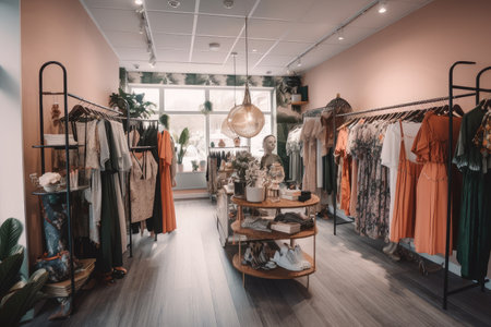 fast-fashion boutique, with racks of clothing and accessories for customers to choose from, created with generative aiの素材