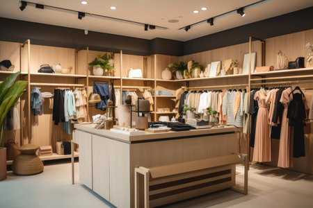 fast-fashion boutique, with racks of clothing and accessories for customers to choose from, created with generative aiの素材