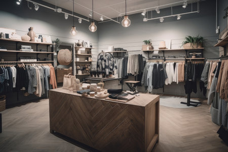 fast fashion store, with racks of clothing and accessories changing seasonally, created with generative aiの素材
