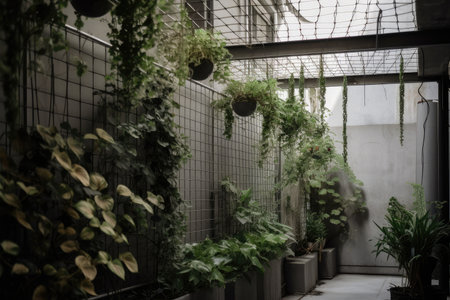modern trellis made of metal and concrete, with greenery hanging down, created with generative aiの素材