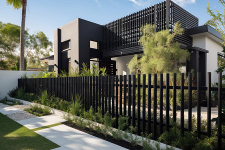 contemporary house with black metal fence and white trellises, created with generative aiの素材