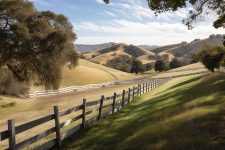 expansive view of rolling hills, bordered by white picket fences, created with generative aiの素材