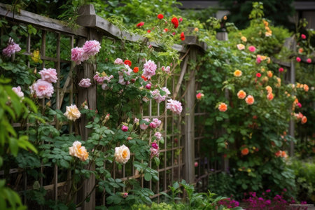 rustic trellis with climbing roses and honeysuckle in the background, created with generative aiの素材