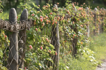 fence made of interwoven vines and flowers, created with generative aiの素材