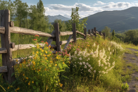rustic wooden fence with climbing vines and wildflowers against a mountain backdrop, created with generative aiの素材