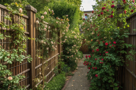 fence with trellis climbing roses and other trailing vines, created with generative aiの素材