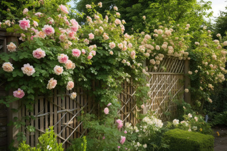 fence with trellis climbing roses and other trailing vines, created with generative aiの素材