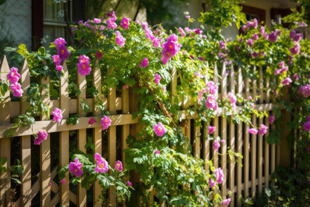 fence with trellis in full bloom, showcasing the beauty of blooming vines, created with generative aiの素材