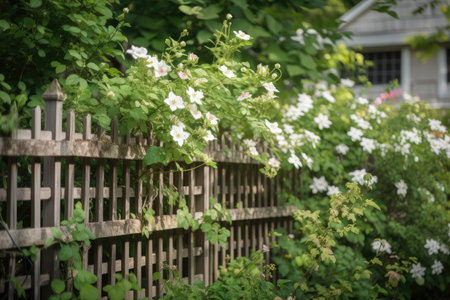 fence with trellis in full bloom, showcasing the beauty of blooming vines, created with generative aiの素材
