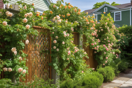 fence with trellis in full bloom, showcasing the beauty of blooming vines, created with generative aiの素材