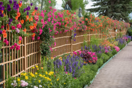 fence lined with colorful blooming flowers and trellises, created with generative aiの素材