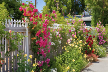 fence lined with colorful blooming flowers and trellises, created with generative aiの素材
