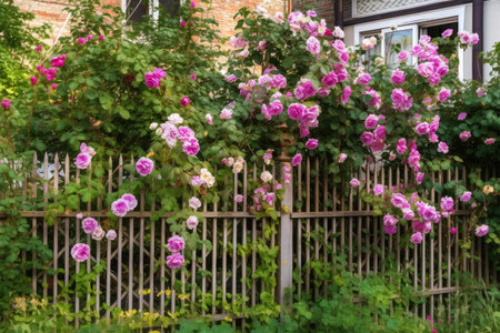 a fence with climbing roses and clematis, bringing nature and beauty to an urban setting, created with generative aiの素材