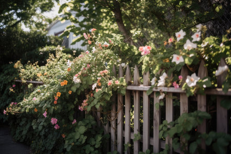 fence draped in ivy with blooming flowers, created with generative aiの素材