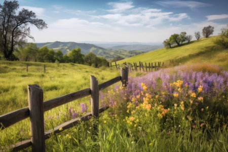 fence surrounded by blooming flowers, with view of rolling hills in the distance, created with generative aiの素材