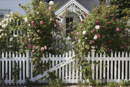 classic white picket fence with floral trellis and climbing vines, created with generative aiの素材